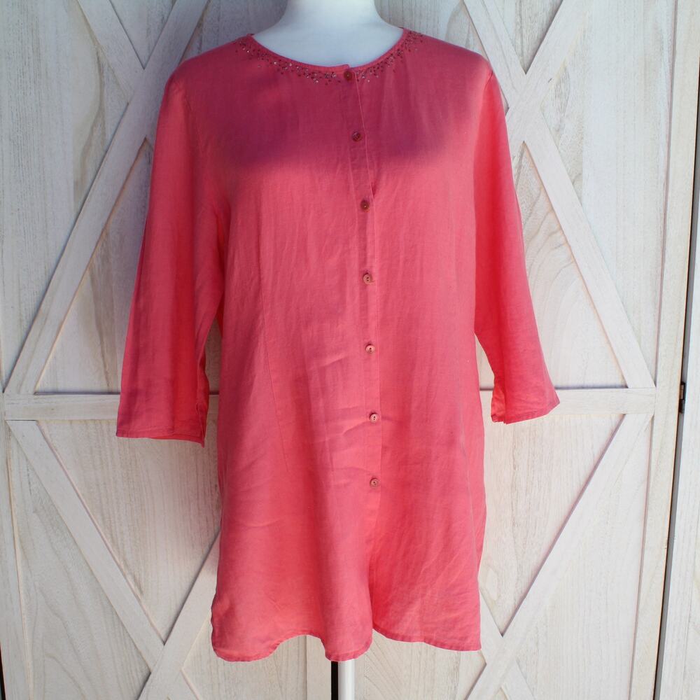 Eileen Fisher Irish Linen Button Up Tunic Top M